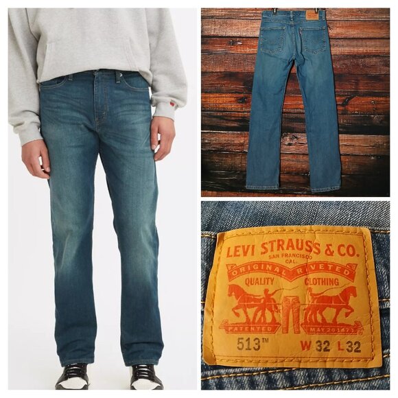 Levis 513 Jeans Mens 32X32 Slim Straight Cash Medium Blue Denim Stretch - Picture 1 of 9